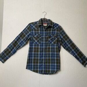 Wrangler Jeans Co Mens Small S Shirt Long Sleeve Button Front Blue Green Plaid